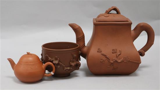 Two Yixing teapots and covers and a cup